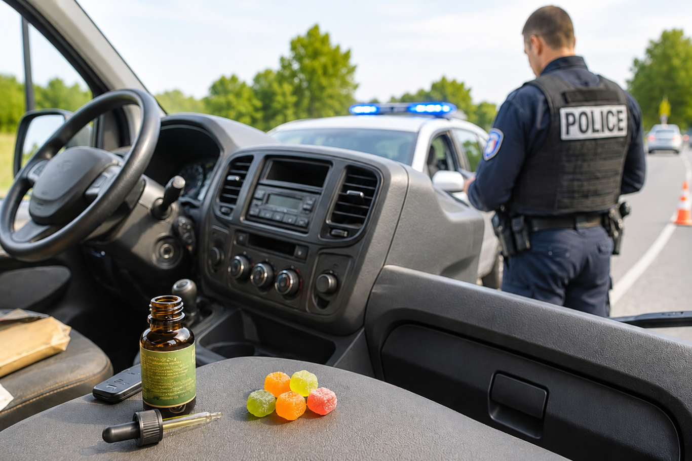 Article-Actualité-CBD-Conduite Contrôle routier avec un policier près d'un fourgon et des gummies au CBD sur le tableau de bord.